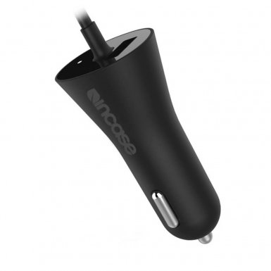 Incase Dual Car Charger with Lightning Cable - сертифицирано зарядно за кола с вграден Lightning кабел за iPhone, iPad и iPod и USB изход (черен)