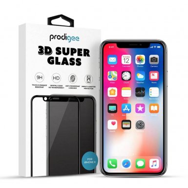 Prodigee 3D Super Glass - калено стъклено защитно покритие за дисплея на iPhone XS, iPhone X (прозрачен-черен)