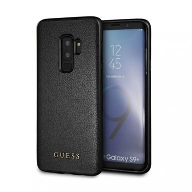 Guess Iridescent Leather Hard Case - дизайнерски кожен кейс за Samsung Galaxy S9 Plus (черен)