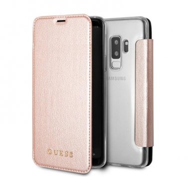 Guess Iridescent Book Case - дизайнерски кожен калъф, тип портфейл за Samsung Galaxy S9 Plus (розово злато)
