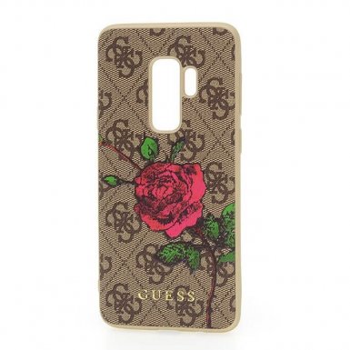 Guess Flower Desire Leather Hard Case - дизайнерски кожен кейс за Samsung Galaxy S9 Plus (кафяв)