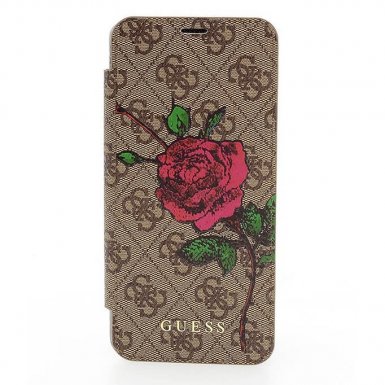 Guess Flower Desire Booktype Case - дизайнерски кожен калъф, тип портфейл за Samsung Galaxy S9 Plus (кафяв)