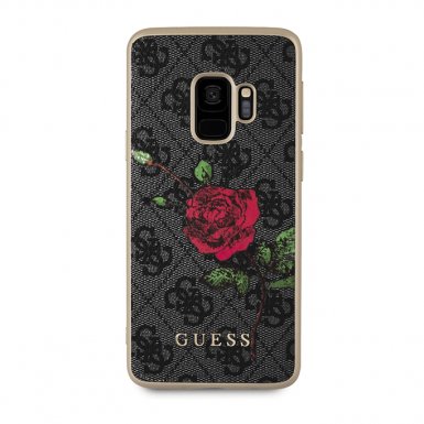 Guess Flower Desire Leather Hard Case - дизайнерски кожен кейс за Samsung Galaxy S9 (сив)