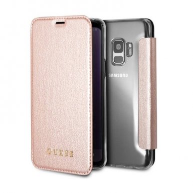 Guess Iridescent Book Case - дизайнерски кожен калъф, тип портфейл за Samsung Galaxy S9 (розово злато)