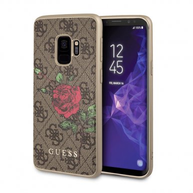 Guess Flower Desire Leather Hard Case - дизайнерски кожен кейс за Samsung Galaxy S9 (кафяв)