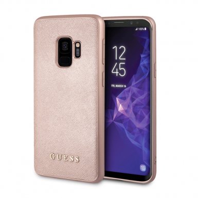 Guess Iridescent Leather Hard Case - дизайнерски кожен кейс за Samsung Galaxy S9 (розово злато)