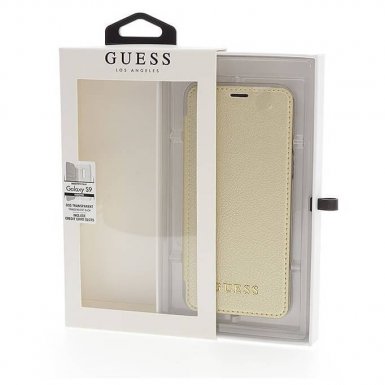 Guess Iridescent Book Case - дизайнерски кожен калъф, тип портфейл за Samsung Galaxy S9 (златист)