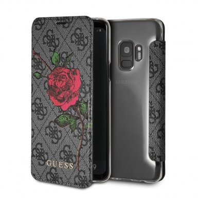 Guess Flower Desire Booktype Case - дизайнерски кожен калъф, тип портфейл за Samsung Galaxy S9 (сив)