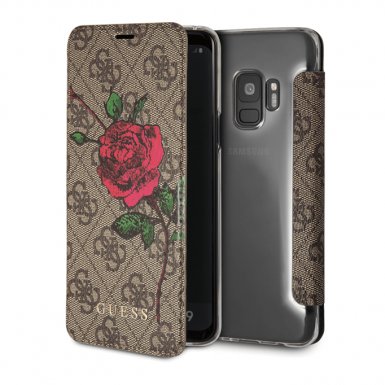 Guess Flower Desire Booktype Case - дизайнерски кожен калъф, тип портфейл за Samsung Galaxy S9 (кафяв)