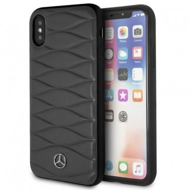 Mercedes-Benz Pattern III Leather Hard Case - кожен кейс (естествена кожа) за iPhone XS, iPhone X (тъмносив)