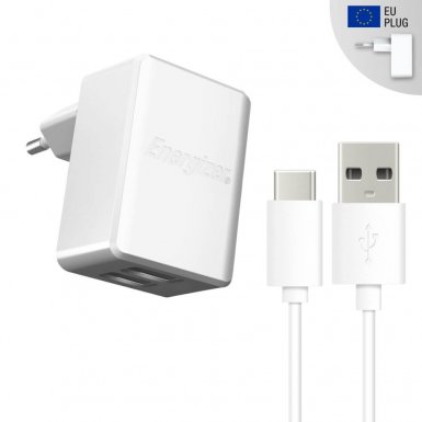 Energizer 2.4A Wall Charger with USB-C Cable - захранване за ел. мрежа 2.4A с два USB изхода и USB-C кабел (бял)