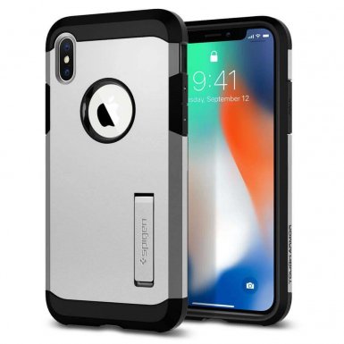 Spigen Tough Armor Case - хибриден кейс с най-висока степен на защита за iPhone XS, iPhone X (сребрист)