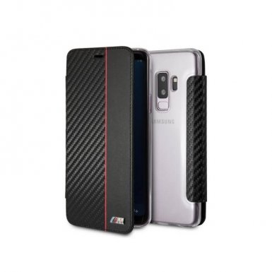 BMW M Collection Booktype Case - дизайнерски кожен калъф, тип портфейл за Samsung Galaxy S9 Plus (черен-червен)
