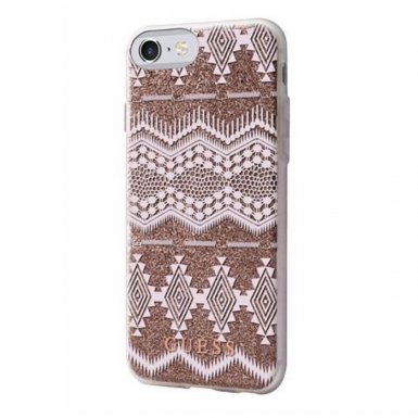 Guess Aztec Soft TPU Case - дизайнерски термополиуретанов кейс за iPhone 8, iPhone 7, iPhone 6S, iPhone 6 (прозрачен-златист)