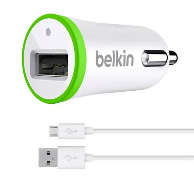Belkin Micro Car Charger 2.4A - зарядно за кола с USB изход и отделен microUSB кабел за мобилни устройства (бял)