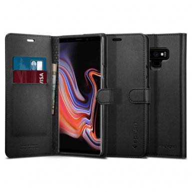 Spigen Wallet S Case - кожен калъф, тип портфейл и поставка за Samsung Galaxy Note 9 (черен)