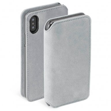 Krusell Broby 4 Card Slim Wallet Case - велурен калъф, тип портфейл за iPhone XS (сив)