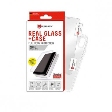 Displex Real Glass 10H Protector 2D with TPU Case - силиконов калъф и калено стъклено защитно покритие за дисплея на iPhone XS, iPhone X (прозрачен)