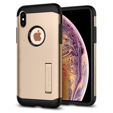Spigen Slim Armor Case - хибриден кейс с поставка и най-висока степен на защита за iPhone XS Max (златист)