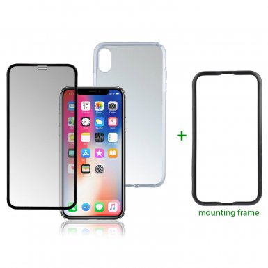 4smarts 360° Premium Protection Set with Easy-Assist - тънък силиконов кейс и стъклено покритие с черна рамка и извити ръбове за дисплея на iPhone XR (с рамка за поставяне) (прозрачен)