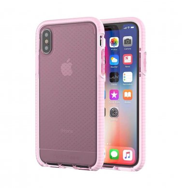 Tech21 Evo Check Case - хибриден кейс с висока защита за iPhone XS, iPhone X (розов-прозрачен)