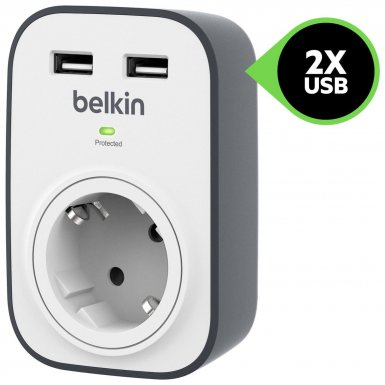 Belkin SurgeCube BSV103 Surge Protector Plug - ел. предпазител с 2 USB порта за зареждане 2.4A на мобилни устройства