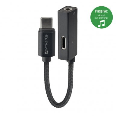 4smarts USB-C to USB-C & 3.5mm Aux Audio Splitter SoundSplit - USB-C адаптер към 3.5 аудио изход и USB-C изход (12см) (черен)