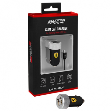 Ferrari Slim Car Dual MicroUSB - зарядно за кола с два USB изхода + MicroUSB кабел за устройства (черен)