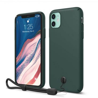 Elago Slim Fit Strap Case - качествен поликарбонатов кейс с каишка за китката за iPhone 11 (тъмнозелен)