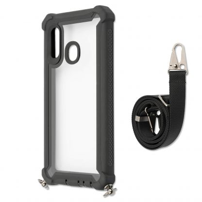 4smarts Sling Case Downtown - удароустойчив кейс с лента за врата за Samsung Galaxy A20e (черен-прозрачен) 