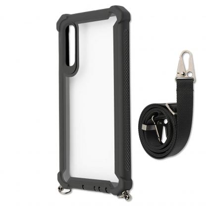 4smarts Sling Case Downtown - удароустойчив кейс с лента за врата за Samsung Galaxy A70 (черен-прозрачен) 