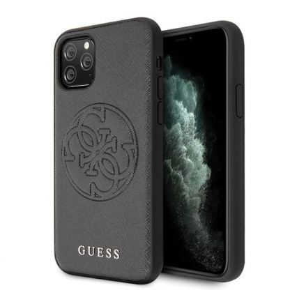 Guess Saffiano 4G Circle Logo Leather Hard Case - дизайнерски кожен кейс за iPhone 11 Pro Max (черен)