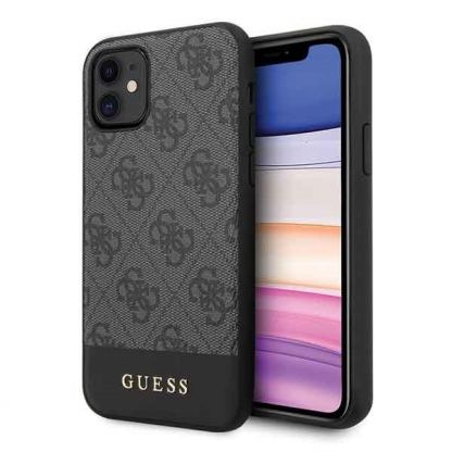 Guess 4G Stripe Leather Hard Case - дизайнерски кожен кейс за iPhone 11 (тъмносив)