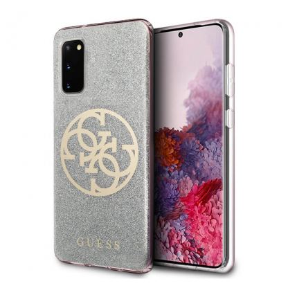 Guess Glitter 4G Circle Logo Case - дизайнерски кейс с висока защита за Samsung Galaxy S20 (сив)