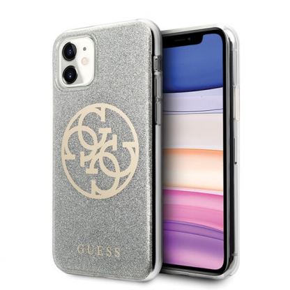 Guess Circle Glitter 4G Case - дизайнерски кейс с висока защита за iPhone 11 (сребрист)
