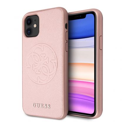 Guess Saffiano 4G Circle Logo Leather Hard Case - дизайнерски кожен кейс за iPhone 11 (розов)