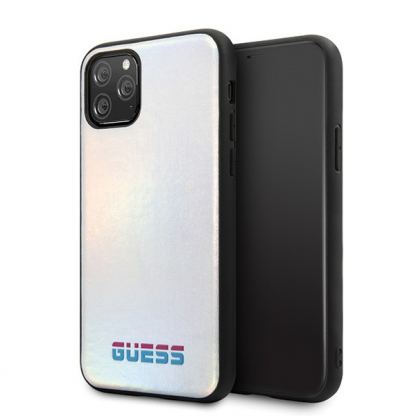 Guess Iridescent Leather Hard Case - дизайнерски кожен кейс за iPhone 11 Pro Max (сребрист)
