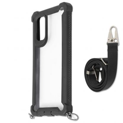 4smarts Sling Case Downtown - удароустойчив хибриден кейс с лента за врата за Samsung Galaxy S20, S20 5G (черен-прозрачен) 