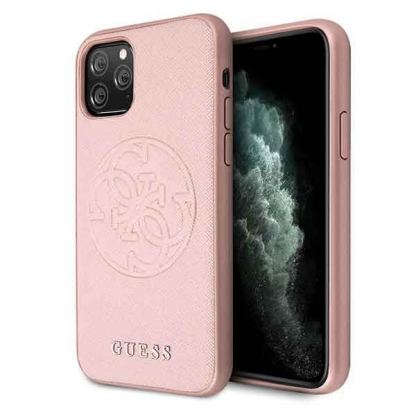 Guess Saffiano 4G Circle Logo Leather Hard Case - дизайнерски кожен кейс за iPhone 11 Pro (розово злато)