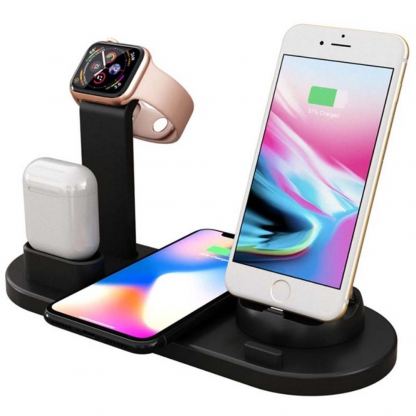 Docking Station QI Wireless Charger UD15 10W - док станция за устройства с Lightning, USB-C, MicroUSB, безжично зареждане на QI устройства, Apple Watch и Apple AirPods (черен)