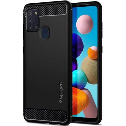Spigen Rugged Armor Case - тънък качествен силиконов (TPU) калъф за Samsung Galaxy A21s (черен)