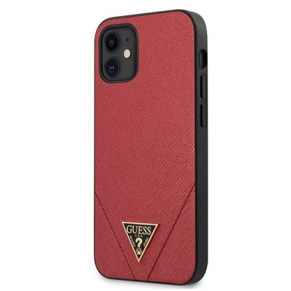 Guess Saffiano Leather Hard Case - дизайнерски кожен кейс за iPhone 12 mini (червен)