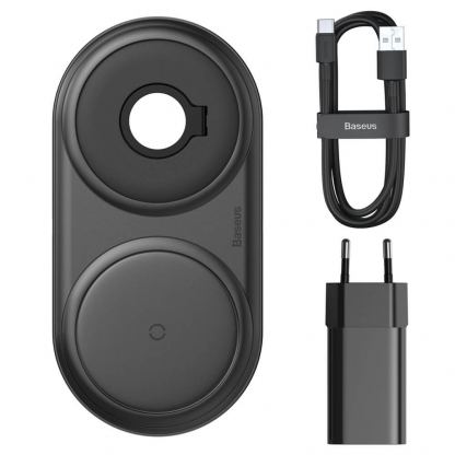 Baseus Planet 2in1 Wireless Charger - двойна поставка (пад) с технология за безжично зареждане за Qi съвместими устройства и Apple Watch (черен)