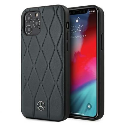 Mercedes Genuine Leather Wave Line Hard Case - дизайнерски кожен (естествена кожа) кейс за iPhone 12, iPhone 12 Pro (тъмносин)