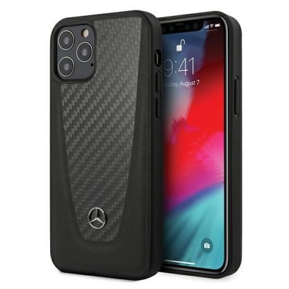 Mercedes Dynamic Carbon Fiber Hard Case - дизайнерски хибриден (карбон+естествена кожа+TPU) карбонов кейс за iPhone 12, iPhone 12 Pro (черен)