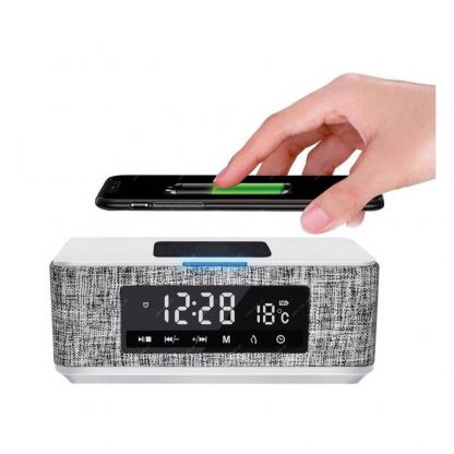 Platinet Speaker Daily Bluetooth, QI, FM And Clock - безжичен портативен спийкър с FM радио, часовник с аларма и поставка за безжично зареждане (бял)