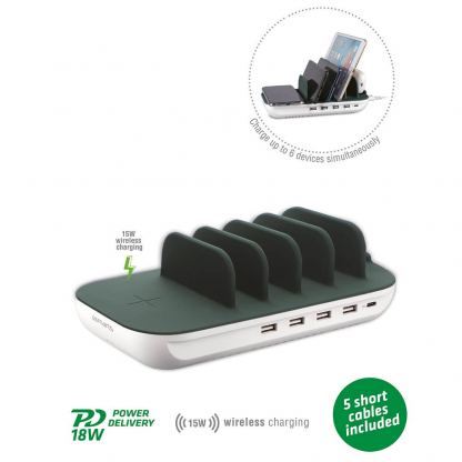 4smarts Charging Station Family Evo 63W - док станция с 4xUSB и 1xUSB-C гнезда и пад за безжично зареждане (бял-зелен)