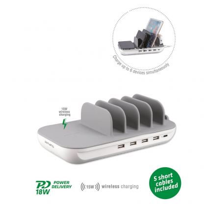 4smarts Charging Station Family Evo 63W - док станция с 4xUSB и 1xUSB-C гнезда и пад за безжично зареждане (бял-сив)