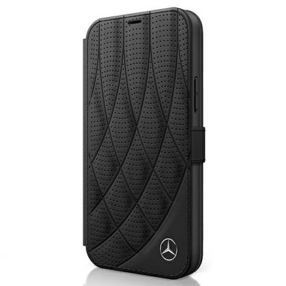 Mercedes-Benz Bow Line Booktype Leather Case - дизайнерски кожен калъф (естествена кожа), тип портфейл за iPhone 12, iPhone 12 Pro (черен)