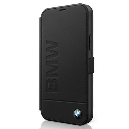BMW Signature Logo Booktype Leather Case - дизайнерски кожен калъф (естествена кожа), тип портфейл за iPhone 12, iPhone 12 Pro (черен)